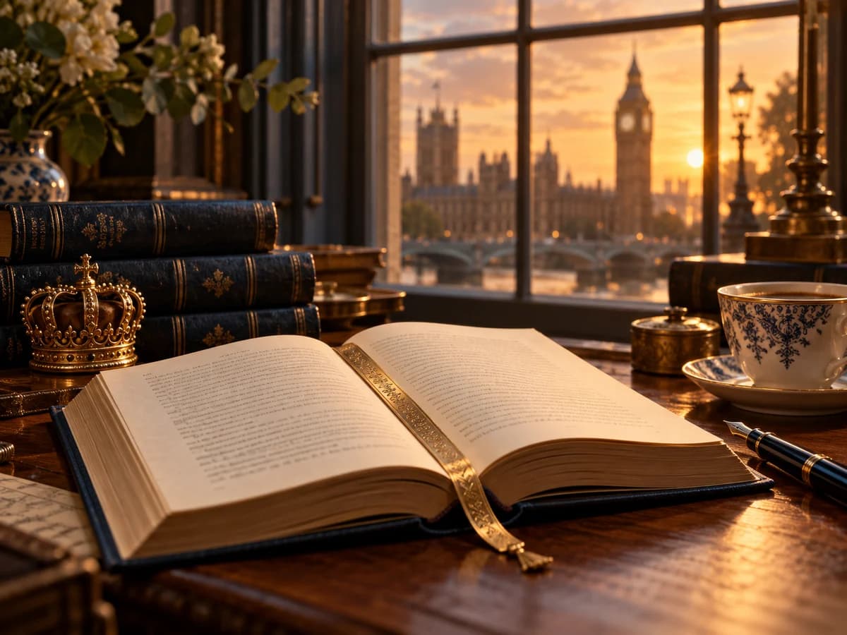 كتاب إنجليزي وقهوة بجانب نافذة تطل على لندن